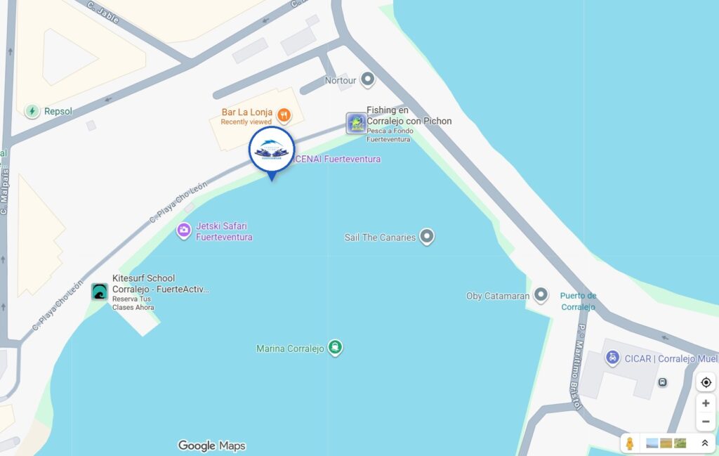 Jet Ski Fuerteventura location — in front of Bar La Lonja, Corralejo harbour Map showing Jet Ski Fuerteventura base location at Av. Marítima in Corralejo harbour, in front of Bar La Lonja